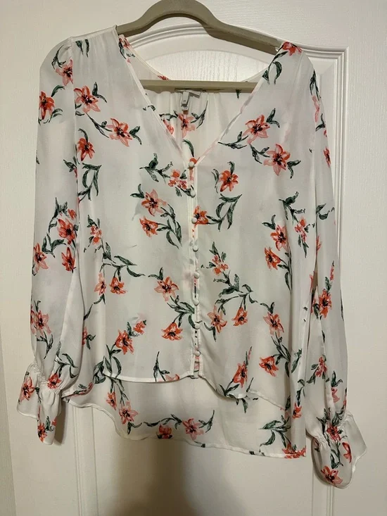Joie Cream Blouse with Coral Floral Motif - Picture 1 of 5